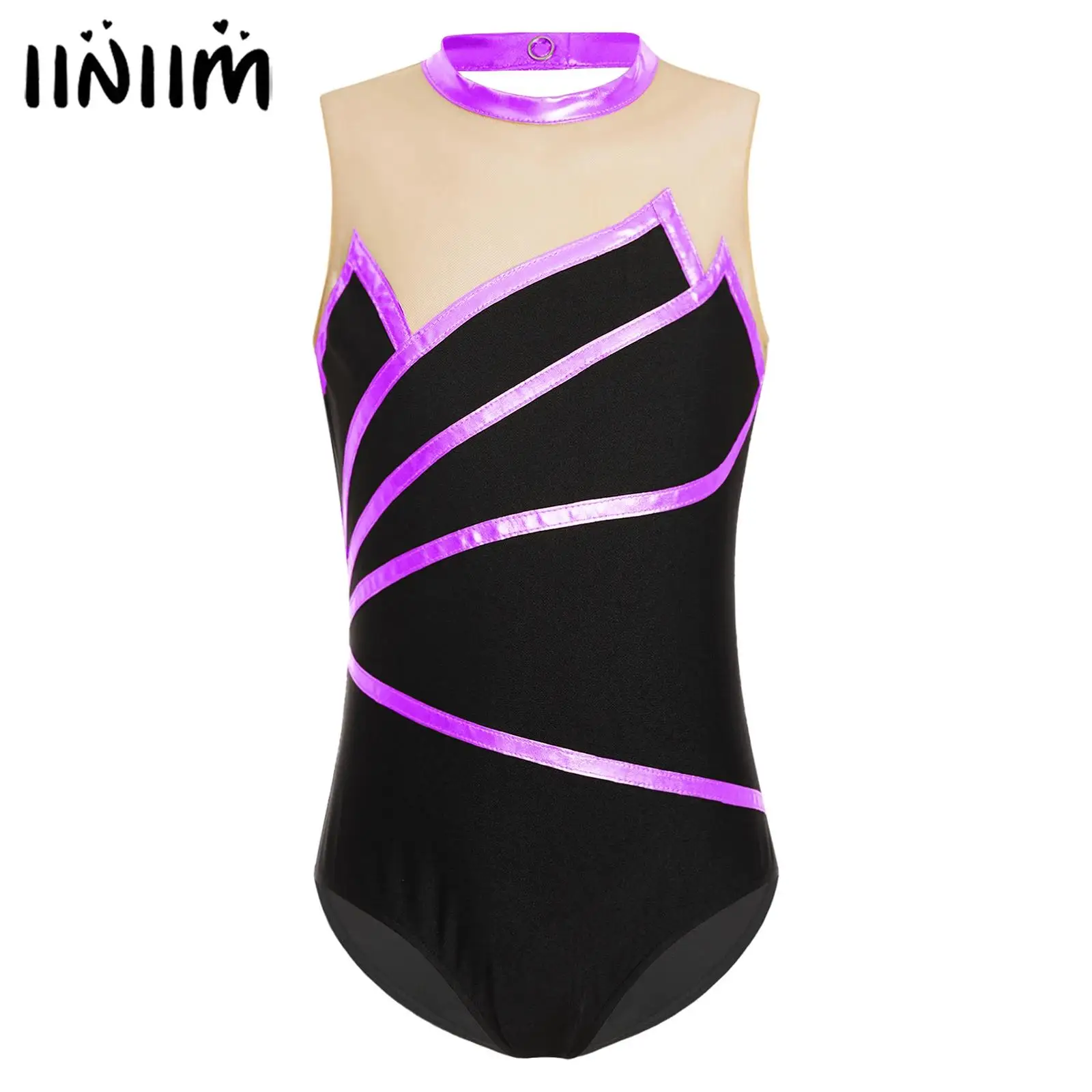 Kids Girls Metallic Striped Ballet Tights Jumpsuit Gymnastics Leotard Figure Skating Dance Costume Sheer Mesh Bodysuit Dancewear