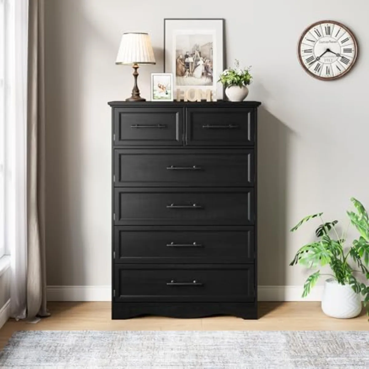 Black Farmhouse Dresser for Bedroom, Modern 6 Chest of Drawers, 44" Tall Chest of Drawers w/Brushed Metal Handle, Wood - view 6