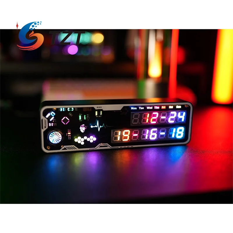 

Часы TZT Black Gold Cyberpunk с USB Type-C 5В, светящиеся трубчатые часы, креативное украшение для рабочего стола, DIY, с функцией отображения времени и обратного отсчета