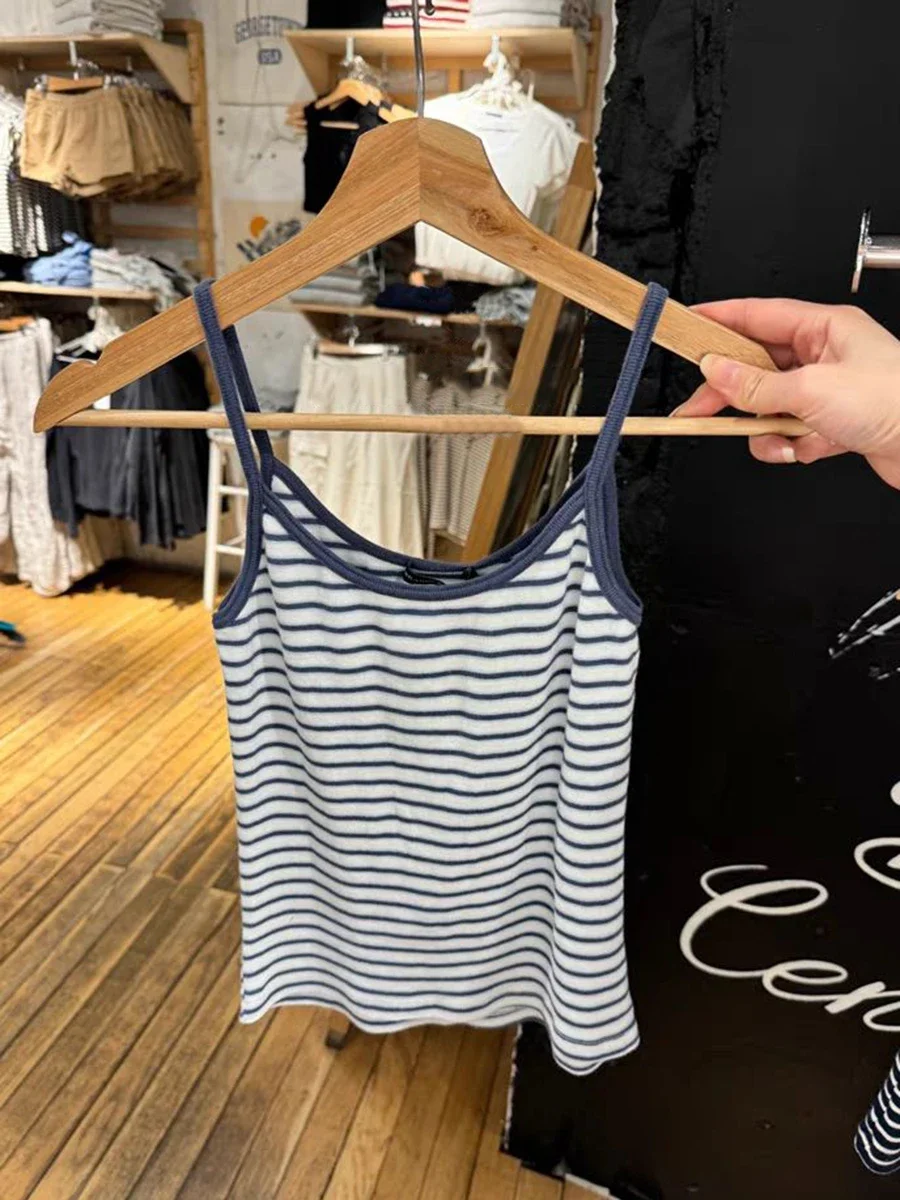 

Chic Striped Slim Crop Tops Women Summer Sleeveless Cotton Cropped Camisole American Vintage Streetwear Sweet Y2k Tank Top New