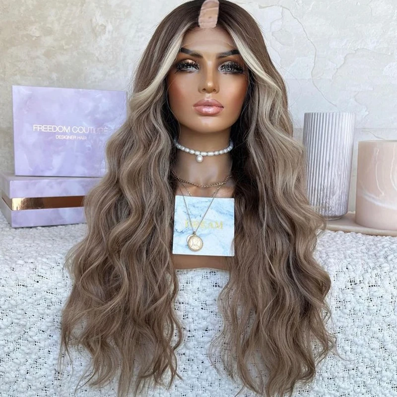 Perruques de cheveux humains ondulés sans colle, reflets gris bruns blonds, partie en U 1x4 V avec peignes, densité 250%, extrémité complète