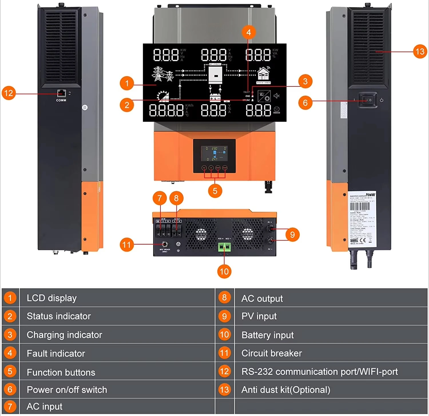 PowMr onda sinusoidal pura 6.2KW 48V y 4.2KW 24V 220V cargador inversor Solar incorporado 120A MPPT inversor Solar híbrido de onda sinusoidal pura