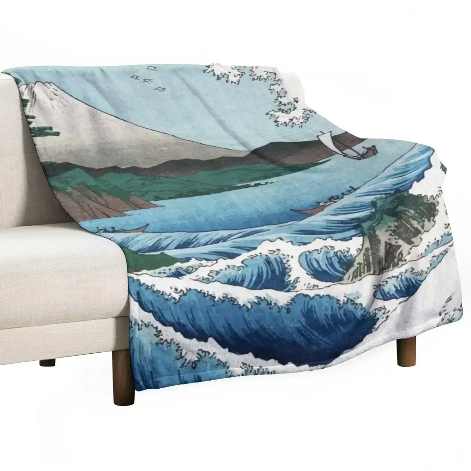 Hiroshige, o mar à frente de Satta, Japão, com vulcão, ondas gigantes e pescadores, por um artista japonês de ukiyo-e, Nature Vin Throw Blanket