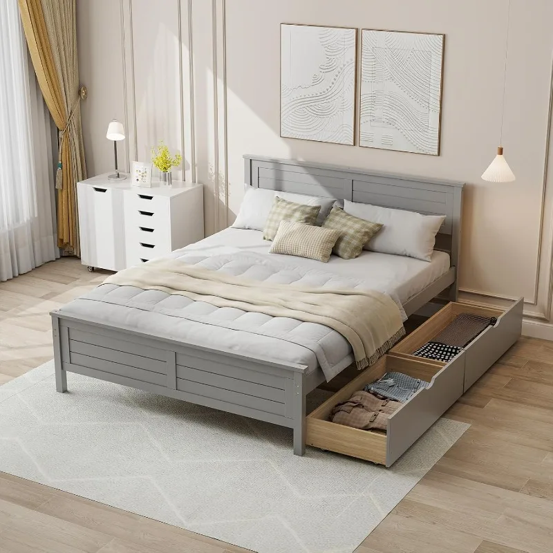 Wood Full Size Bed Frame with 2 Storage Drawers, Solid Wood Platform Bed with Headboard, Wooden Slats Mattress Foundation