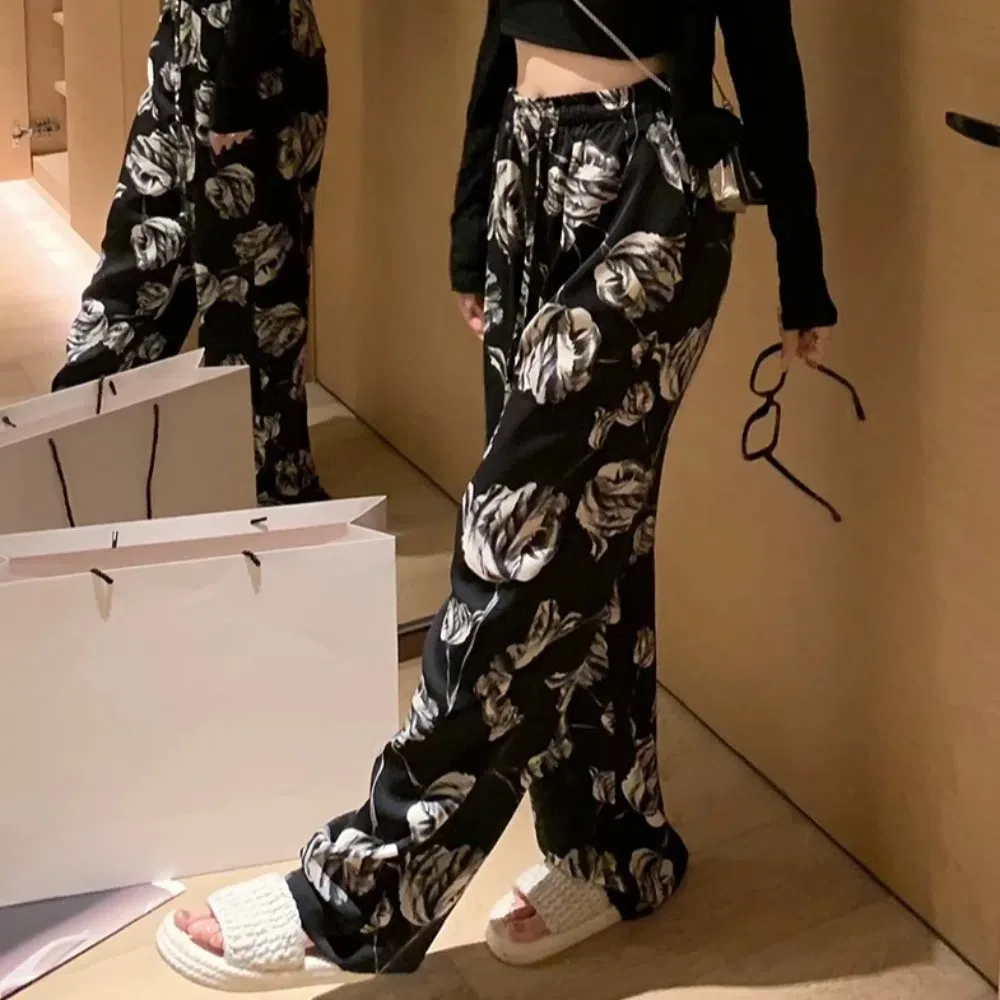 

Retro Flower Straight Pants Women Loose Drawstring Wide Leg Pants Thin Chinese Style High Waist Pants Streetwear