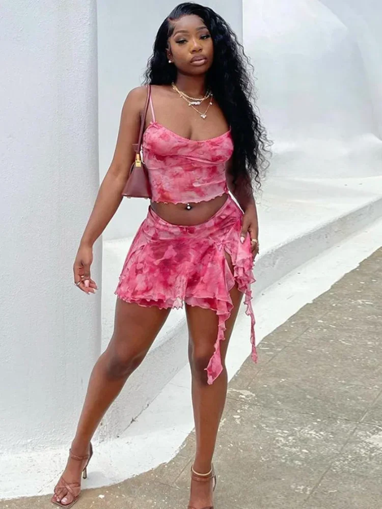 

Mesh Printed Camisole Vest Skirt Set Sexy Women's Sleeveless Camisole Top Irregular Slit Kilt Suits Summer Lady Beach Party