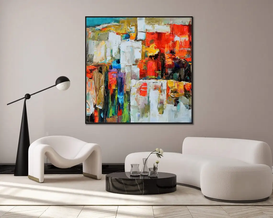 Colorful Hand Painted Textured Palette Knife Oil Painting Artwork Modern Abstract Extra Large Framed Wall Art White Red Orange