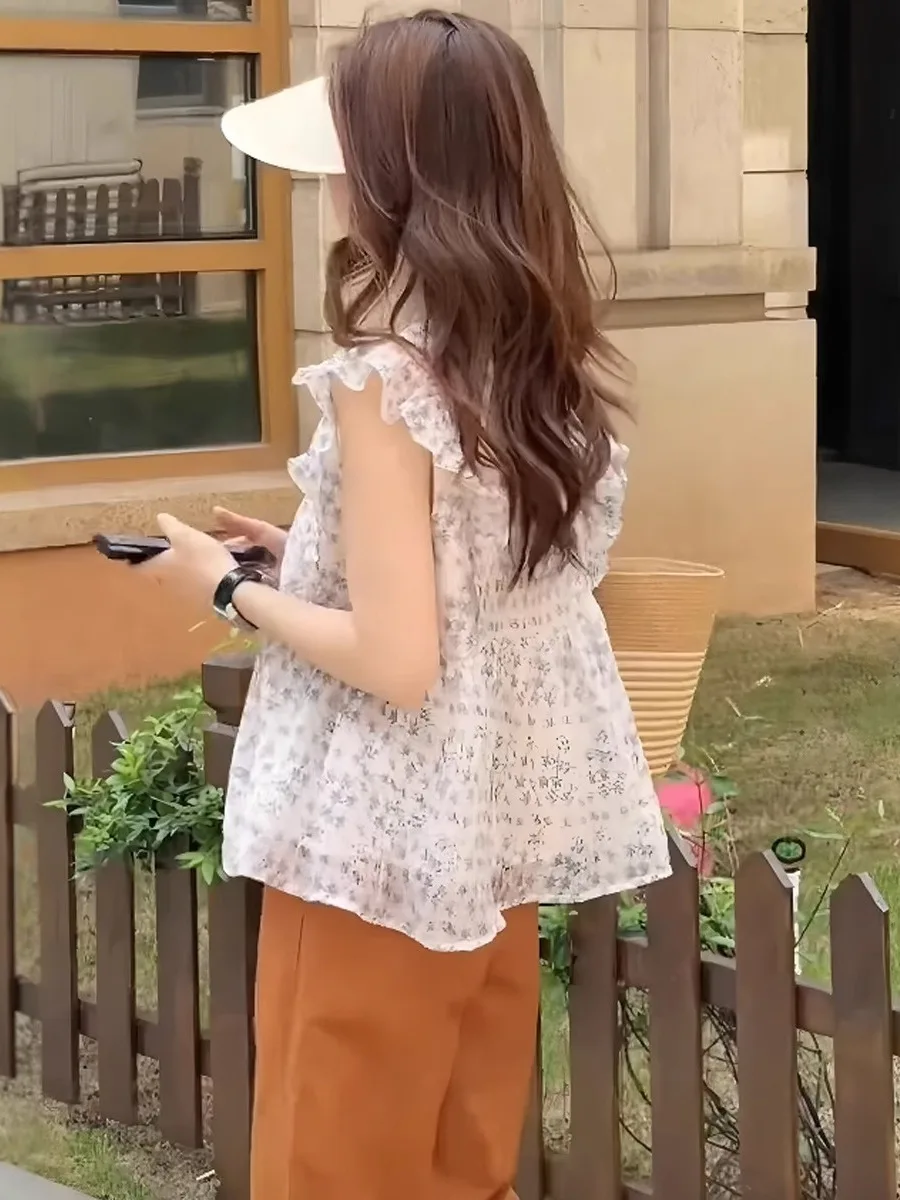 

Floral Print Chiffon V-Neck Puff Sleeve Shirt Women's Summer Top Design Sensation Loose Fit Commute Style No Brand round Neck