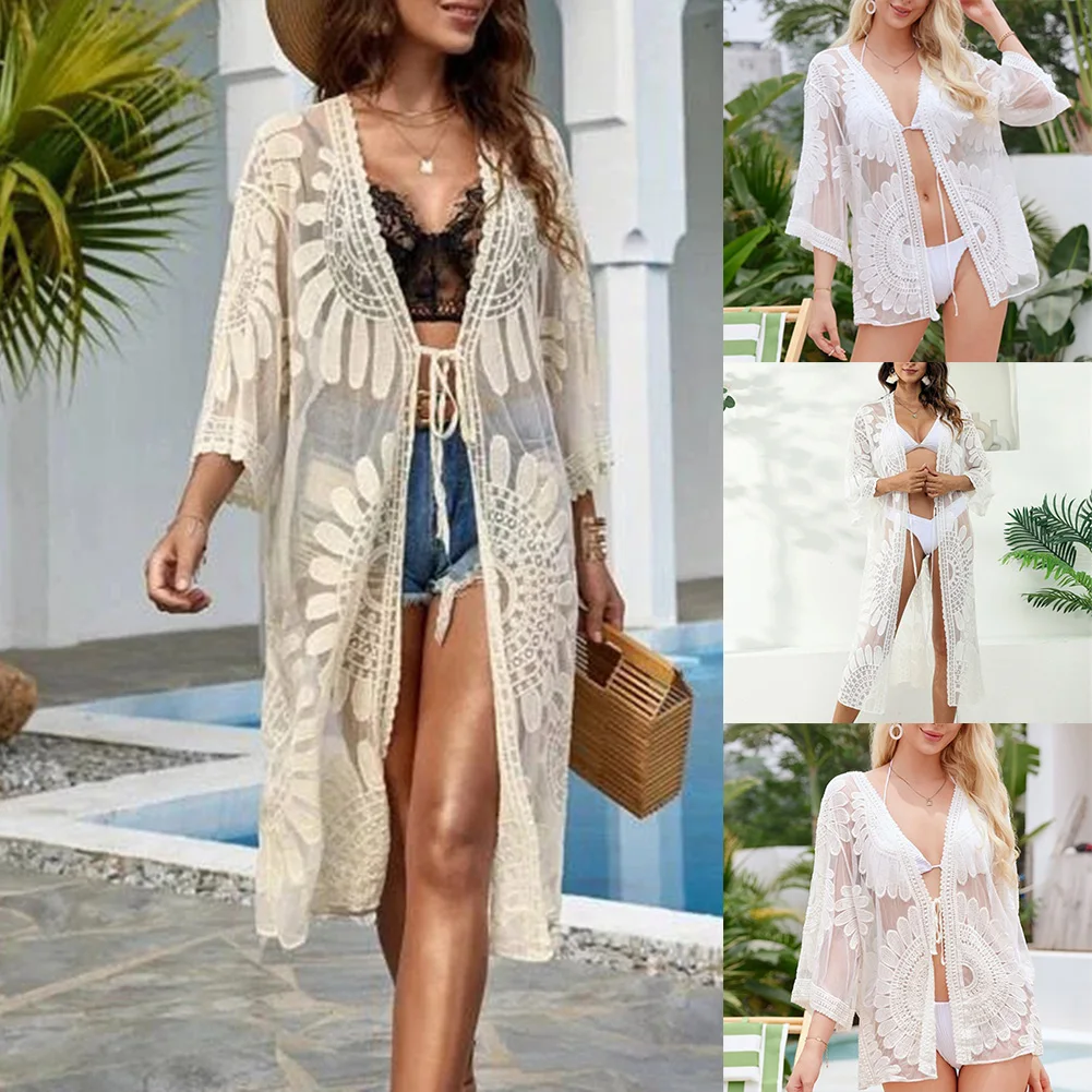 3 4 Sleeves Beach Cover Up Floral Embroidery Lace Cut-Outs Loose Fit 3 4 Sleeve Beach Blouse Tag Size One Size For Summer