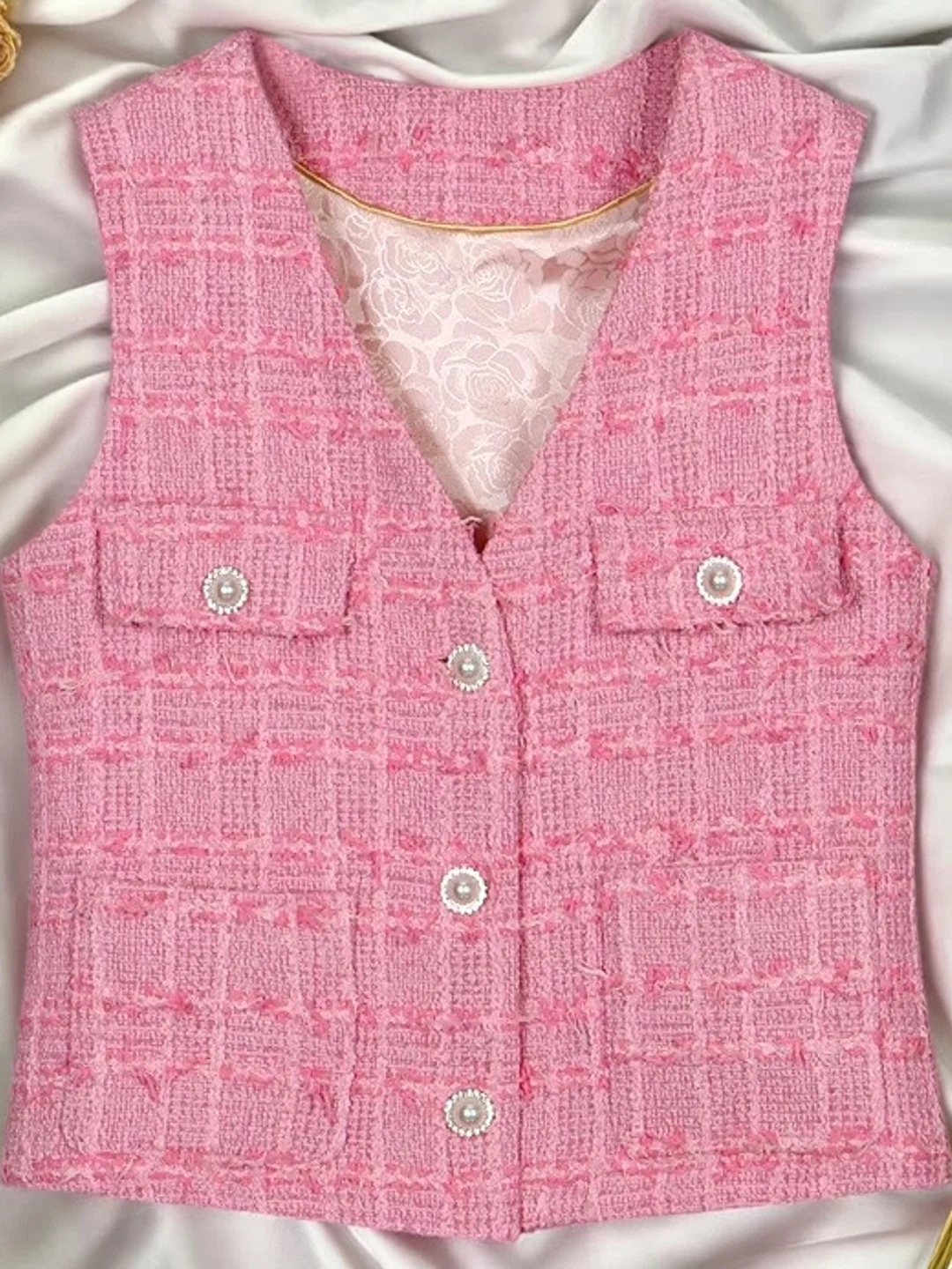 

Жилет из твида в клетку Ele Plaid, розовый, с V-образным вырезом, свободного кроя, в стиле Little France, для многослойных образов, модная французская осенняя верхняя одежда