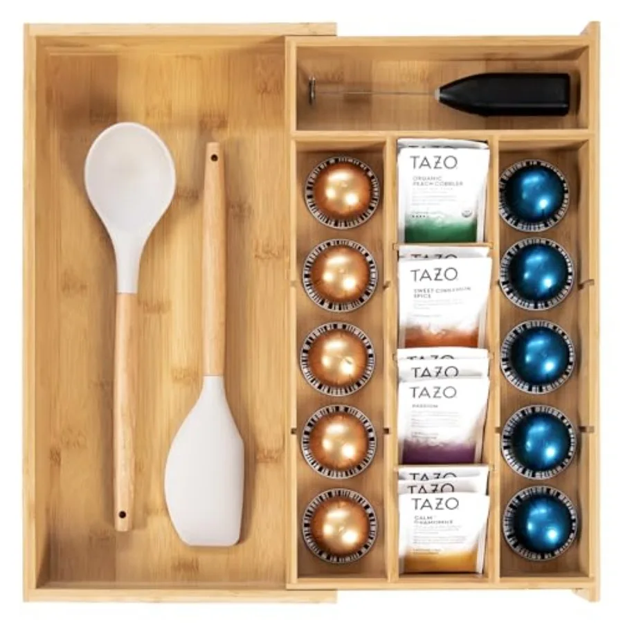 

Tea Bag and Coffee Pod Kitchen Drawer Organizer, Expandable 9.7 to 17 Inch, 10 Accessory Compartments with Adjustable Wall Inse