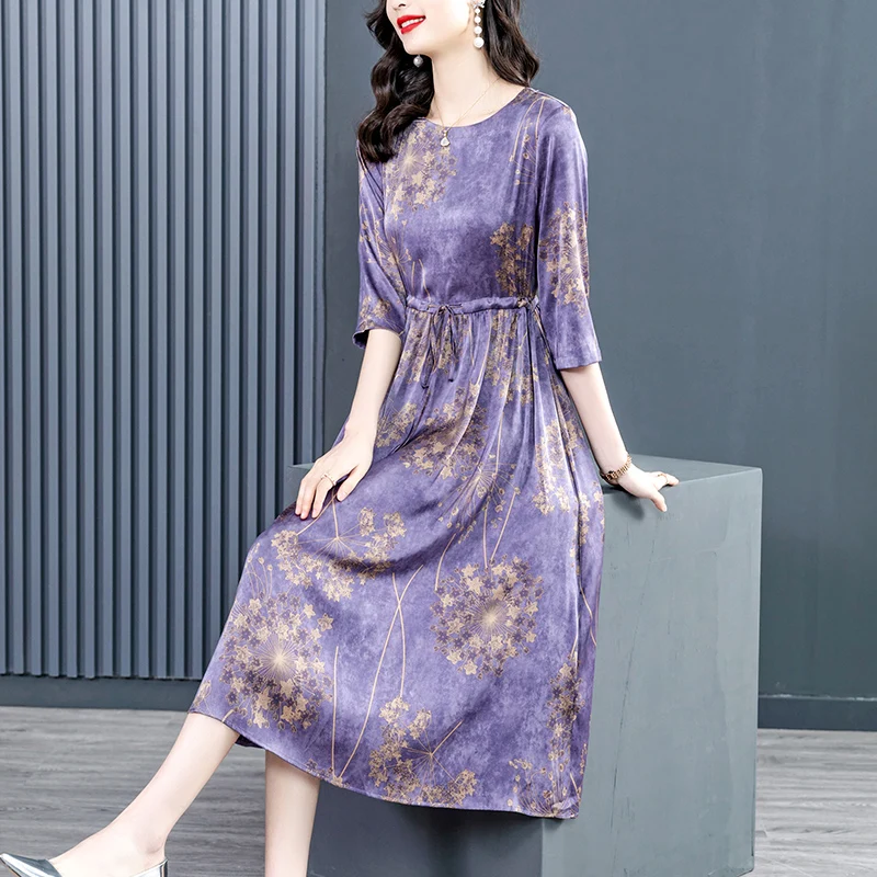 2023 New Fashion Silk Dress Women's Summer Versatile 3/4 Sleeve Printed Knee Length Dress Korean Loose Tight Party Dress Vestido