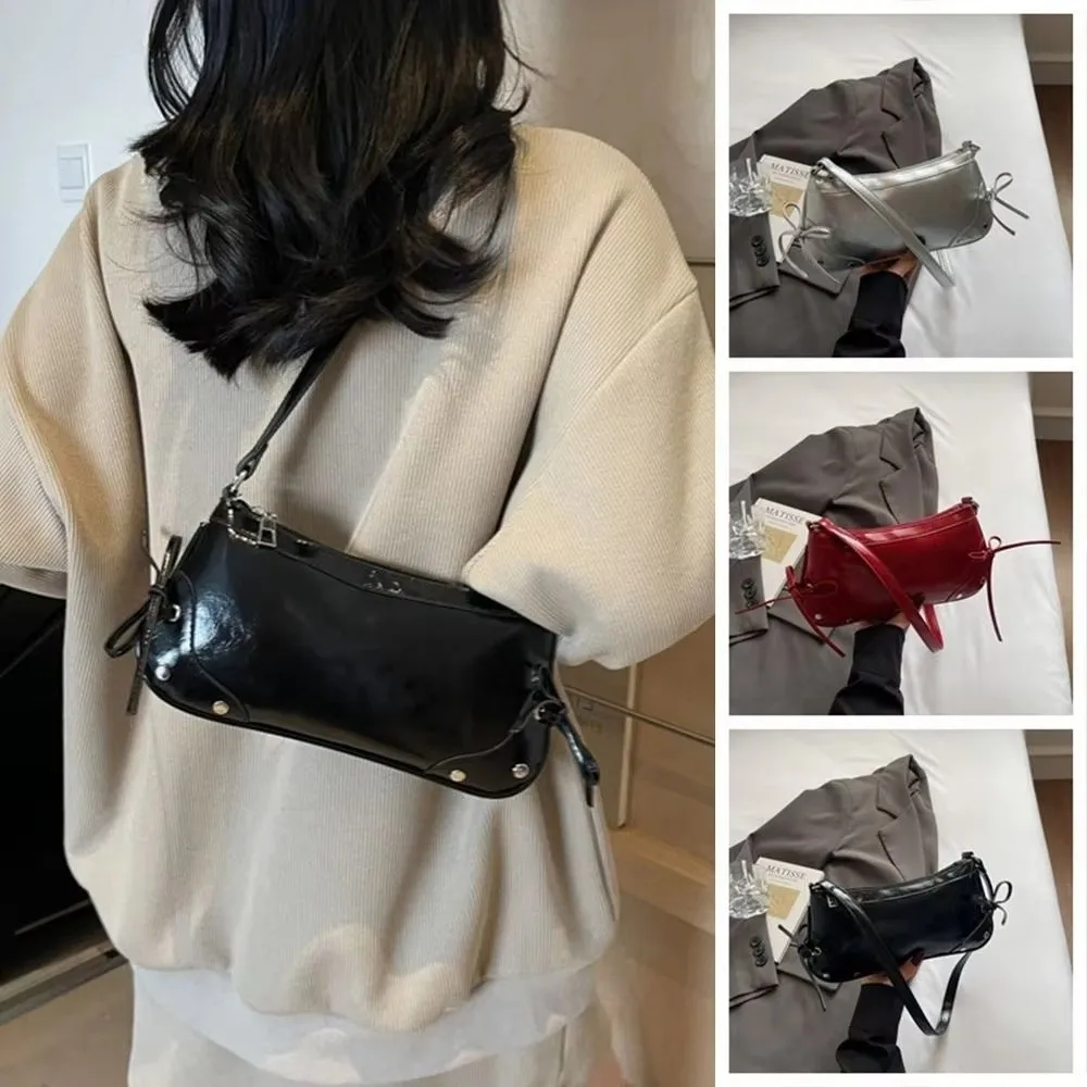 New PU Leather Shoulder Bag Solid Color Bow Tie Decor Armpit Bag Y2K Handbag Women Girls view 4