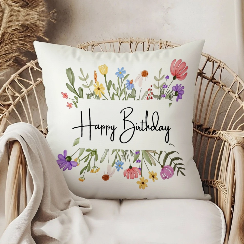 Square Throw Pillow Case White Floral Bouquet Happy Birthday Text Print Decorative Cushion Cover For Living Room Sofa Bedroom Ho