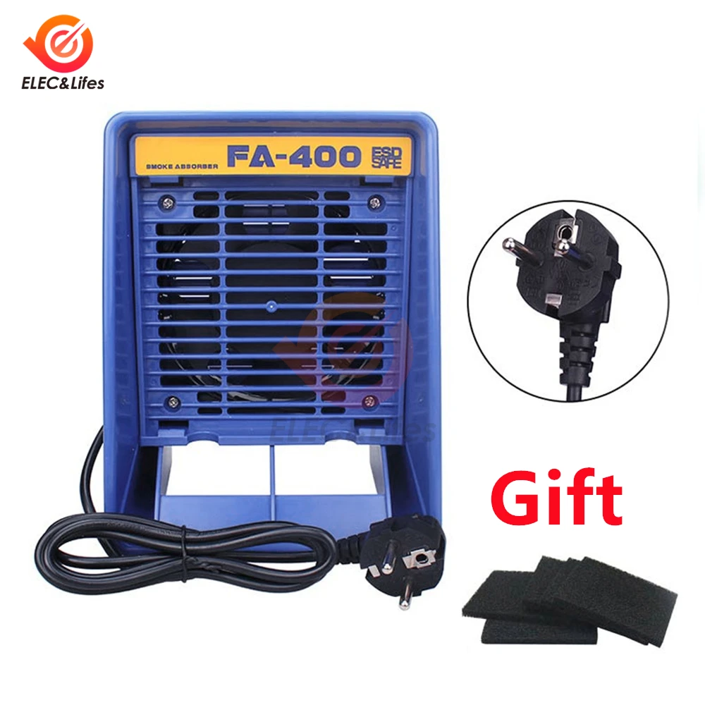 FA-400 absorbente de humo de hierro para soldadura, Extractor de humos ESD, instrumento de fumar con 5 esponjas de filtro de carbón activado gratis, 220V/110V