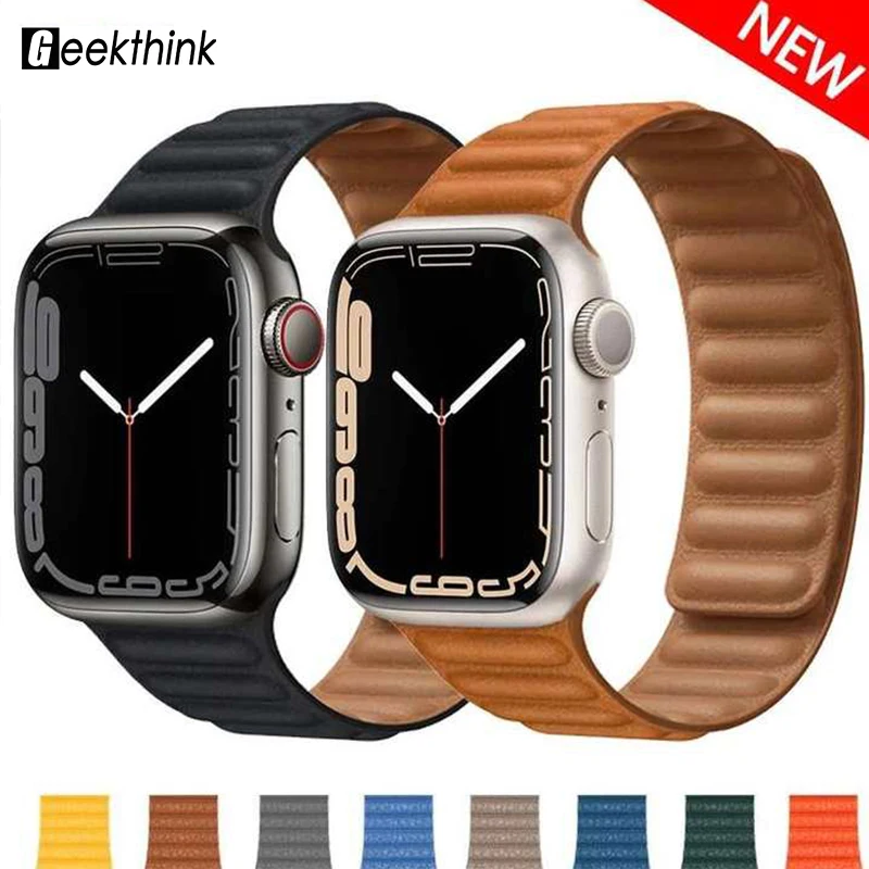 Leather Link For Apple Watch Band 45mm 41mm 44mm 40mm 49mm Original Magnetic Loop bracelet iWatch Series 8 Ultra 3 SE 6 7 Strap