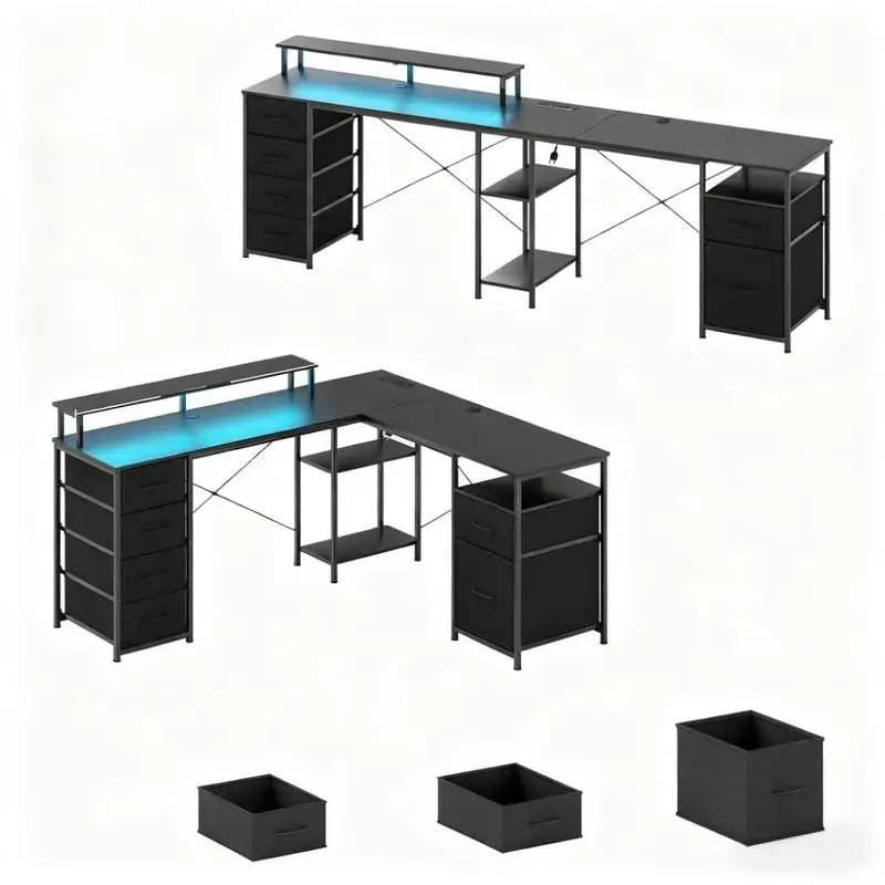 リバーシブルL字型コンピューターデスク、ファイル引き出し、電源コンセント、LEDライト付き、ホームオフィス用
