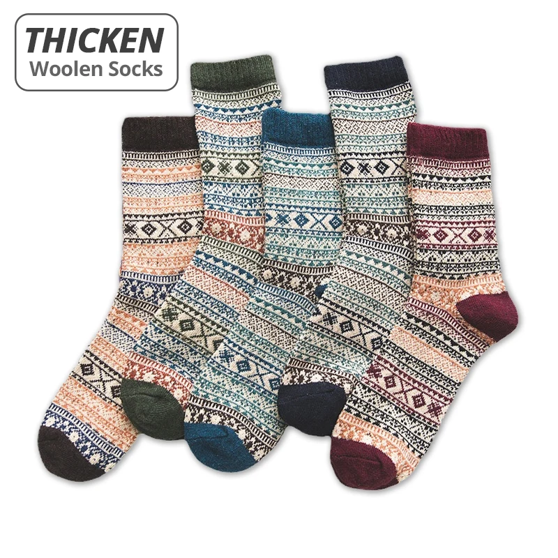HSS Brand 5 Paar Winter-Herrensocken, dicke Schafwollsocken, warme Herrensocken im Retro-Stil, bunte modische Herrensocken für Schneestiefel – Detail 3
