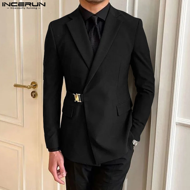 INCERUN Metal Buckle Solid Color Blazer 2024 Men Simple Commuting Suits Casual Fashion Well Fitting Elegant Handsome Jackets