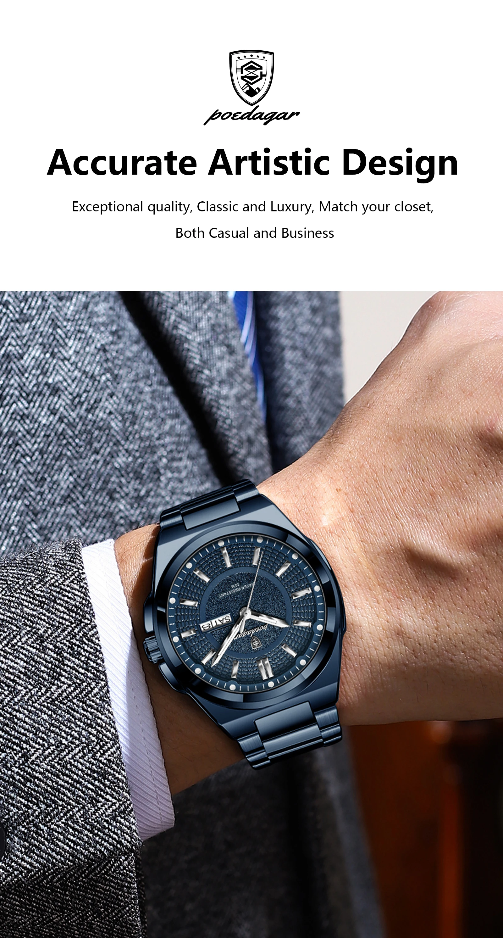 POEDAGAR Top Business Herren Armbanduhr Edelstahl Wasserdicht Leuchtend Casual Mann Uhr Datum Woche Stilvolle Herren Quarzuhren – Detail 8