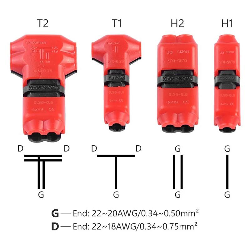 

T1/2 H1/2 type 1Pin 2Pin DC/AC 10A Wire Connector 18-22AWG no welding scotch lock Quick Connector cable clamp Terminal Block
