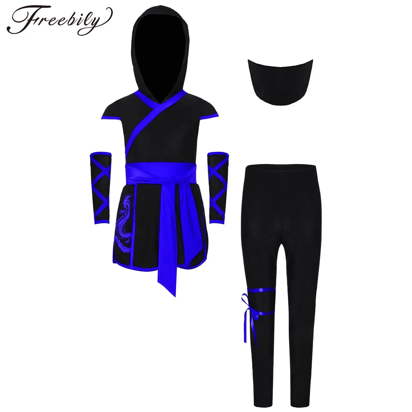 Boys Girls Ninja Costume Halloween Anime Kung Fu Fancy Dress Up Dragon Printed Waist Wide Sash Hooded Top with Pants Mask Gloves