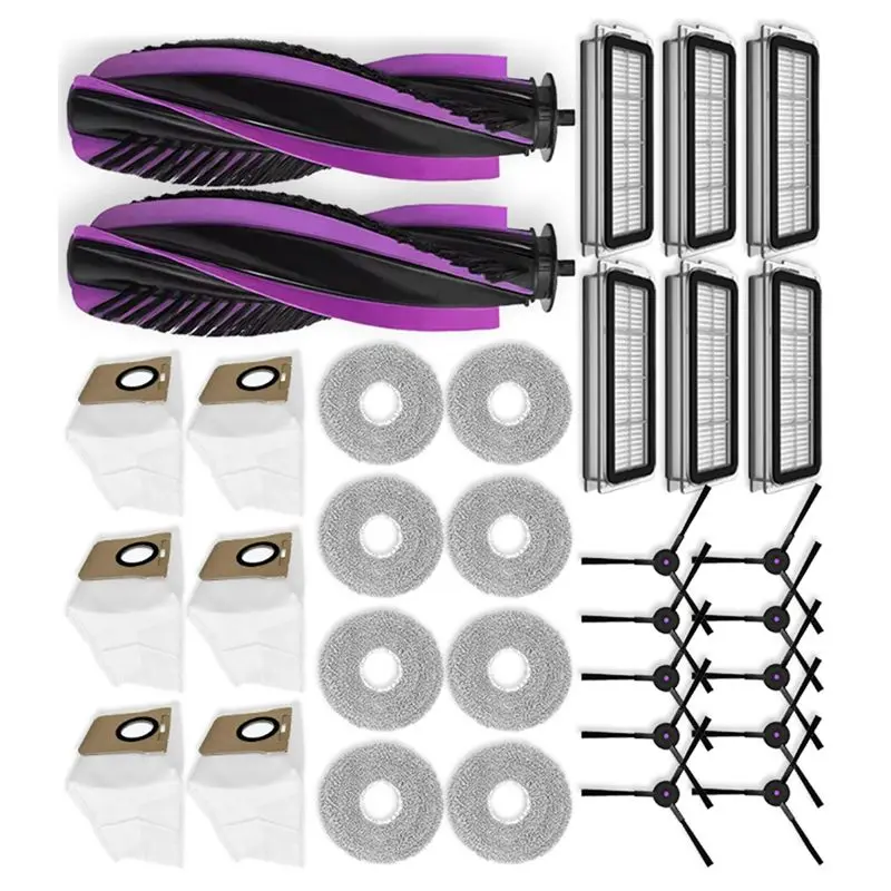 

Запасные части для пылесоса JONR P20 PRO: основная щетка, боковая щетка, HEPA-фильтр, салфетка для влажной уборки, мешки для сбора пыли, аксессуары.