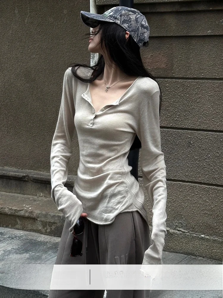 

Женская трикотажная футболка Slim Fit с длинным рукавом, осенне-зимняя, с воротником Хенли, базовый слой, приятная к телу, дышащая, для повседневной носки