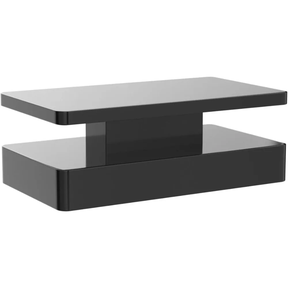 Mesa de centro moderna, sala de estar negra para mesa de centro, mesa de centro de diseño rectangular contemporáneo con luces LED de 16 colores