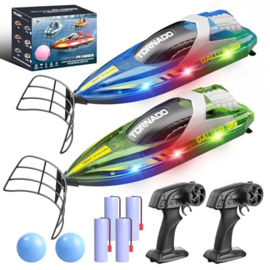 RC Boat 2 Pack for Pool Lake Racing: Twin-Screw Waterproof Boats, Blue/Red, 15KM/H Speed, LED Lights, One-Key Flip Dual Speed M