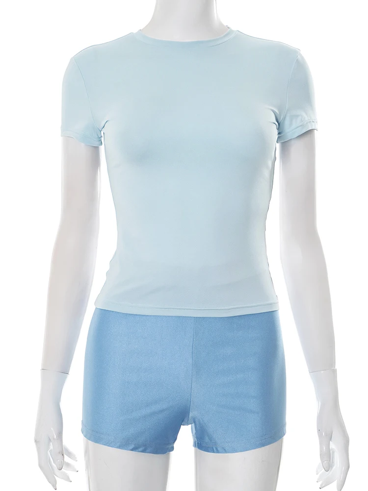 Kliou Casual Tracksuit 2 Piece Set Woman o-Neck Short Sleeve Tops+Skinny Shorts Daily Simple Fashion Sporty Style Classic Suits