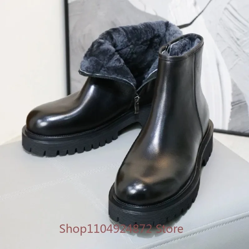 Winter Warm Fur Wool Black Genuine Leather Side Zipper Thick Platform Sole Non-slip Casual Snow Boots Men's Shoes Chelsea Boots