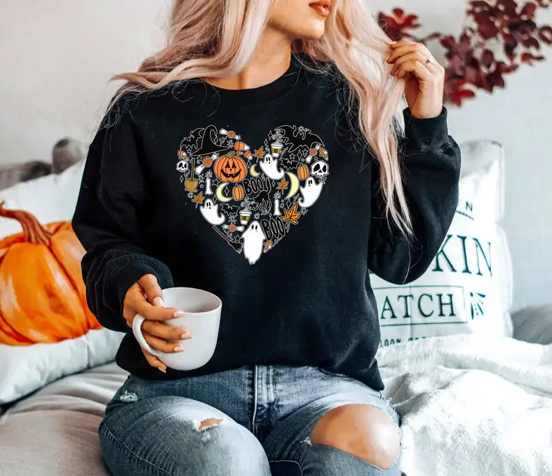 

Halloween Doodles Sweatshirt, Cute Theme Happy Halloween Heart Euphoria Clothes Trick or Treat Long Sleeve Pullover Ropa Mujer