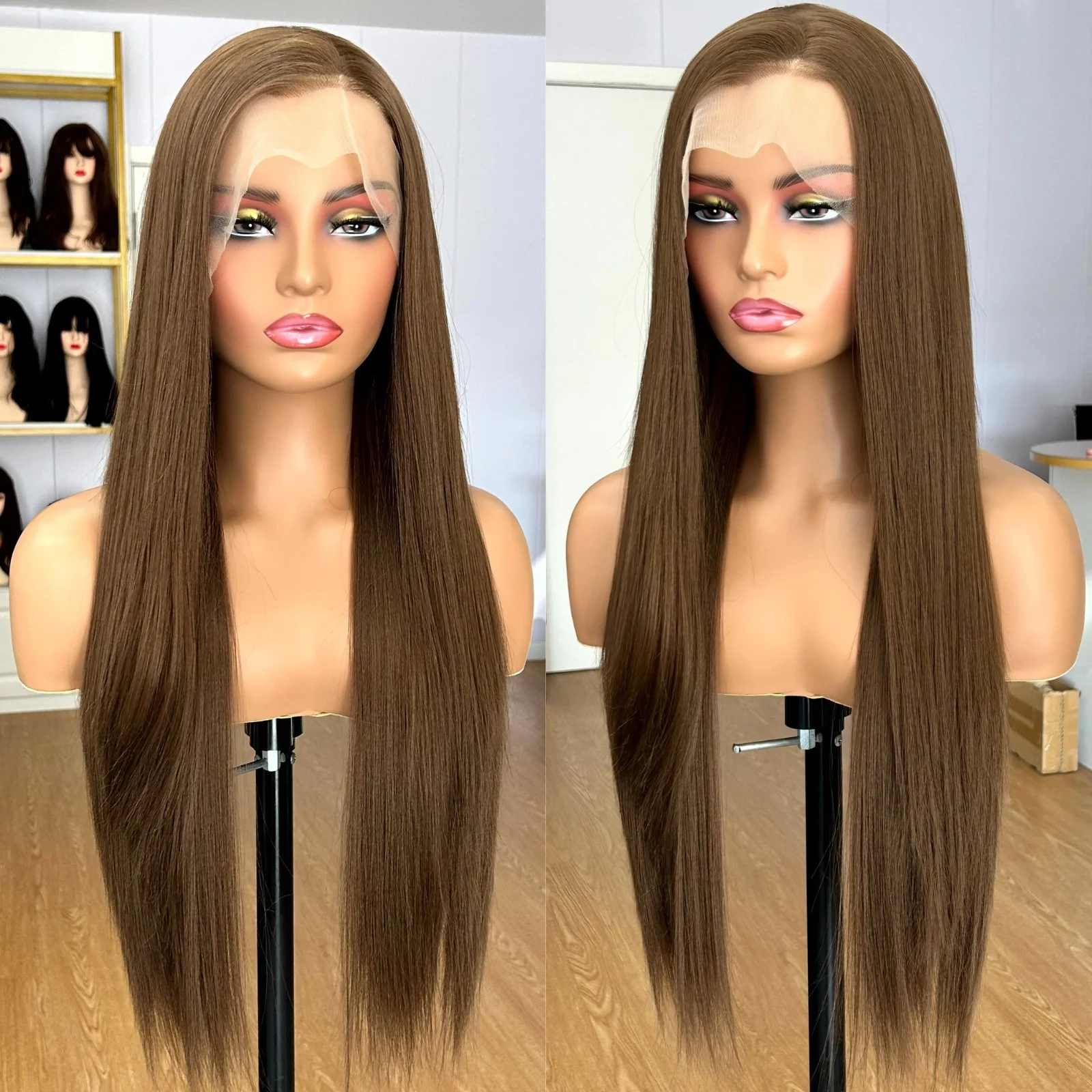 Teal Brown Long Silky Straight Synthetic Lace Front Wig Free Part 13X4 Lace Frontal Natural Wigs for Women Daily Party Cosplay