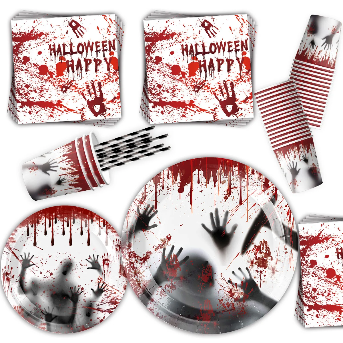 Scary Blood Halloween Tableware Set, Blood Hand Print Paper Plates Cups Napkins Banner, Horror Theme Halloween Party Decorations
