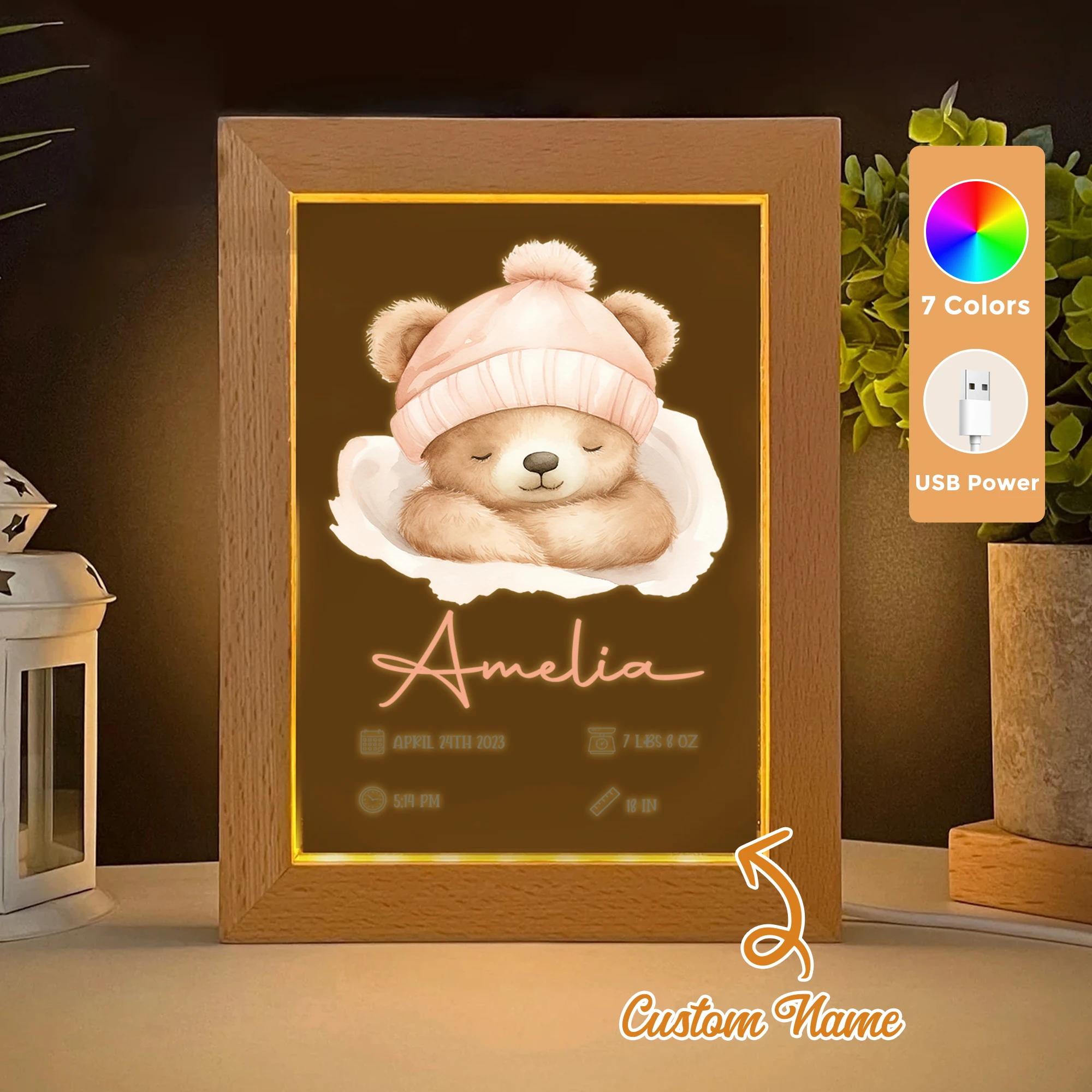 

2D Flat Custom Name Teddy Bear LED Acrylic Night Light Wood Photo Frame 21x17cm Cartoon Children Bedroom Gifts Home Decor Gift