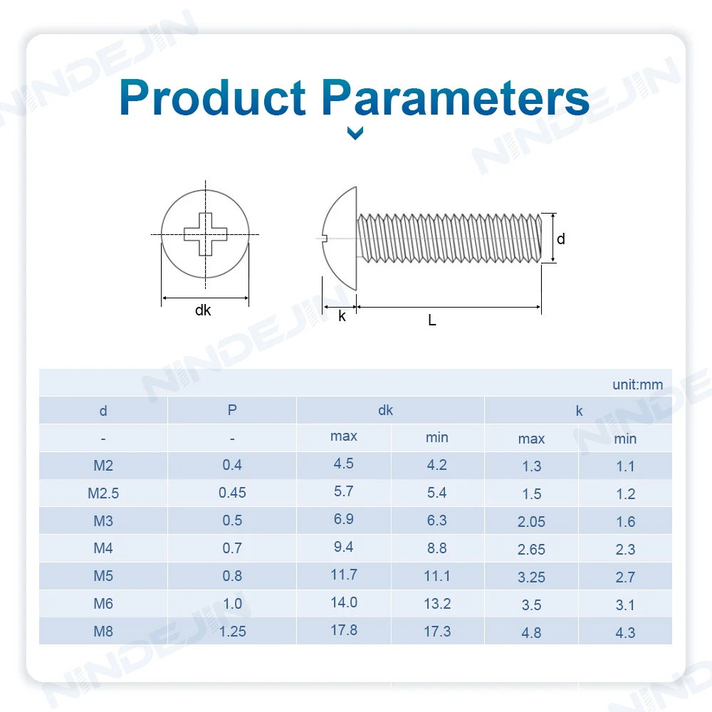 NINDEJIN-Vis Phillips à tête cruciforme, vis Philips en acier inoxydable, grande tête plate, pièce plus lente, figurine M5, M6, M8, M2, M3