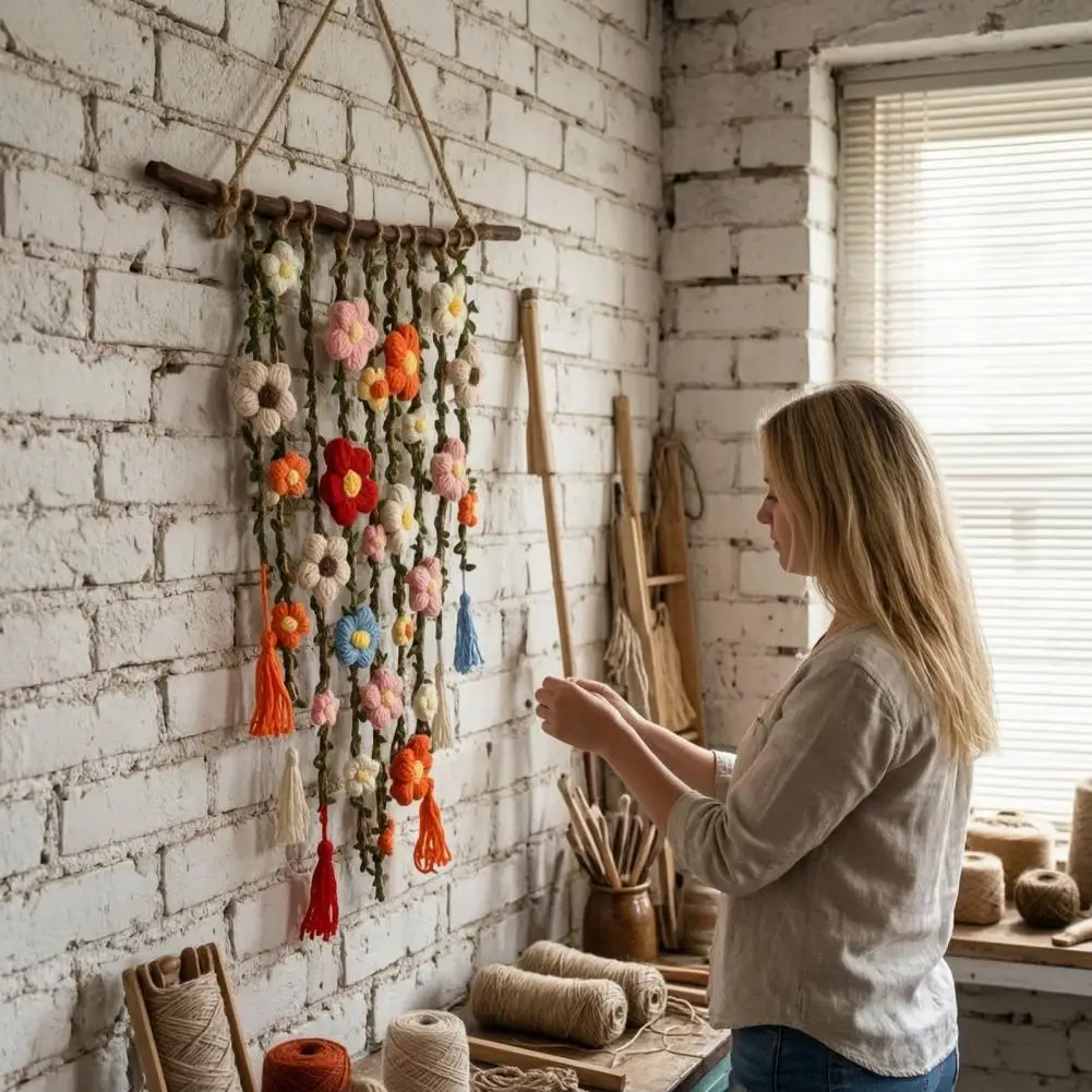 Yarn Crochet Wall Hanging Wooden Branch Tassels Flower Wall Hanging Multicolor Boho Style Wall Hanging