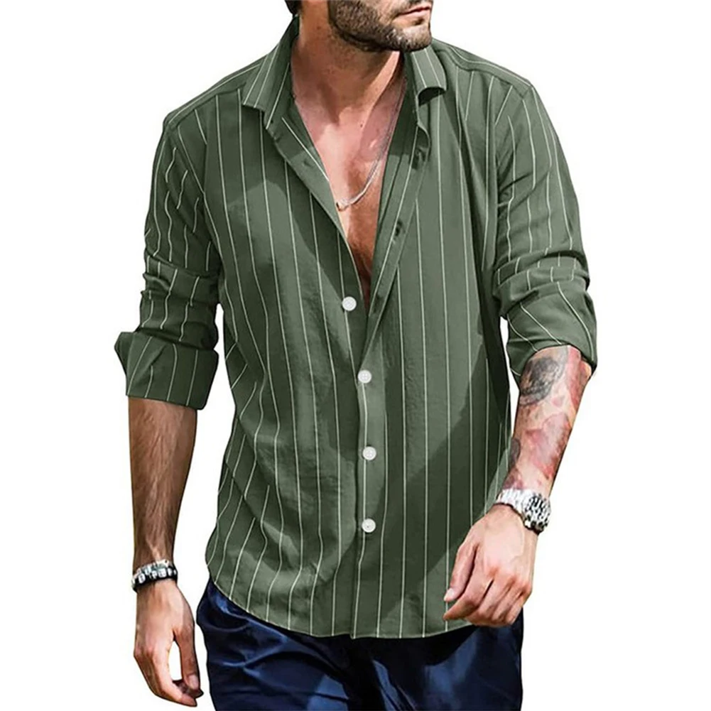 Male Shirt Striped Band Collar Party Popular Shirt Smooth Button Down Casual Daily Elastic Long Sleeve Loose Mens