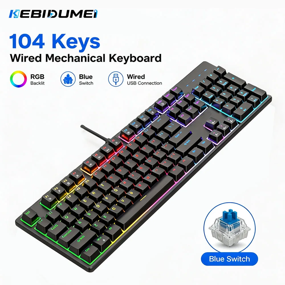 KEBIDUMEI Mechanical Keyboard Cyan Axis 104 Keys Wired Gaming Keyboard 16 RGB Backlit Keyboard for PC Laptop Macbook Gamer