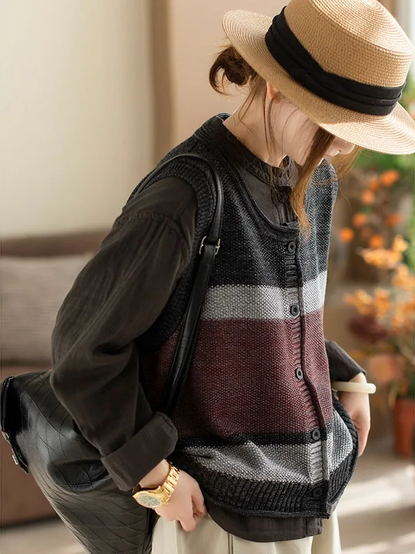 

Retro Artistic Striped Knitted Vest Women's Spring Autumn New round Ne Svel Loose Casual oulder Top