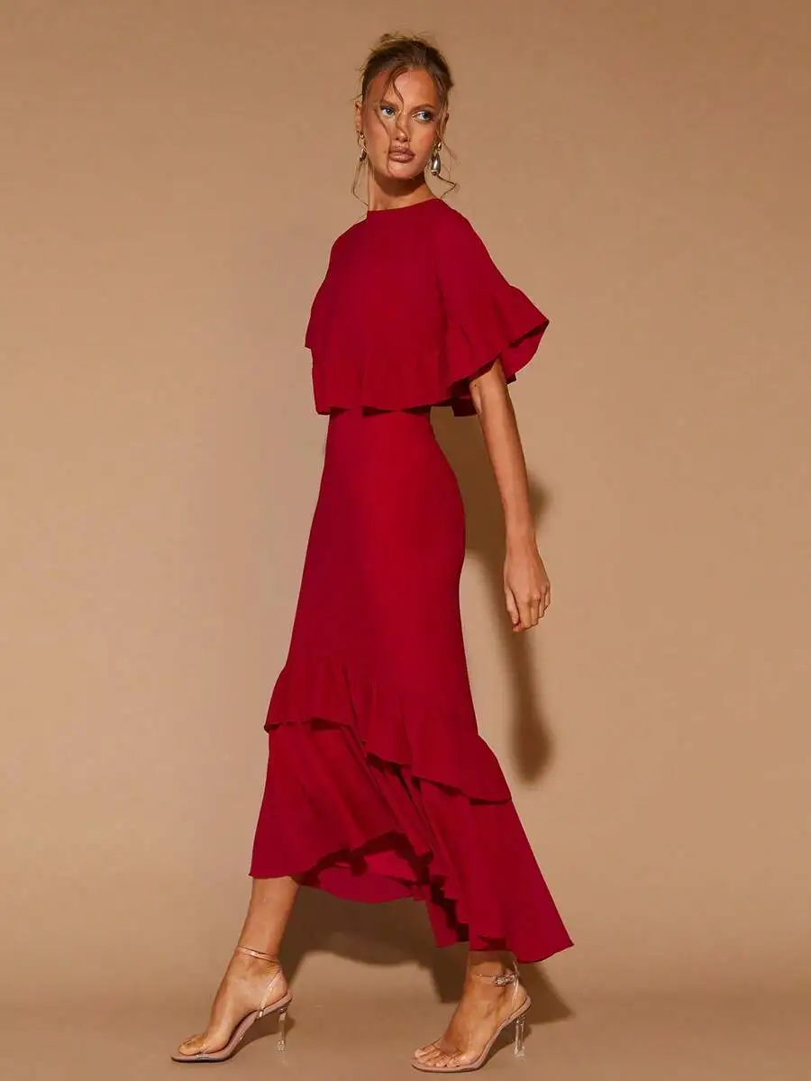 

Women's Red Ruffle Trim Round Neck Midi Dress with Flared Sleeves