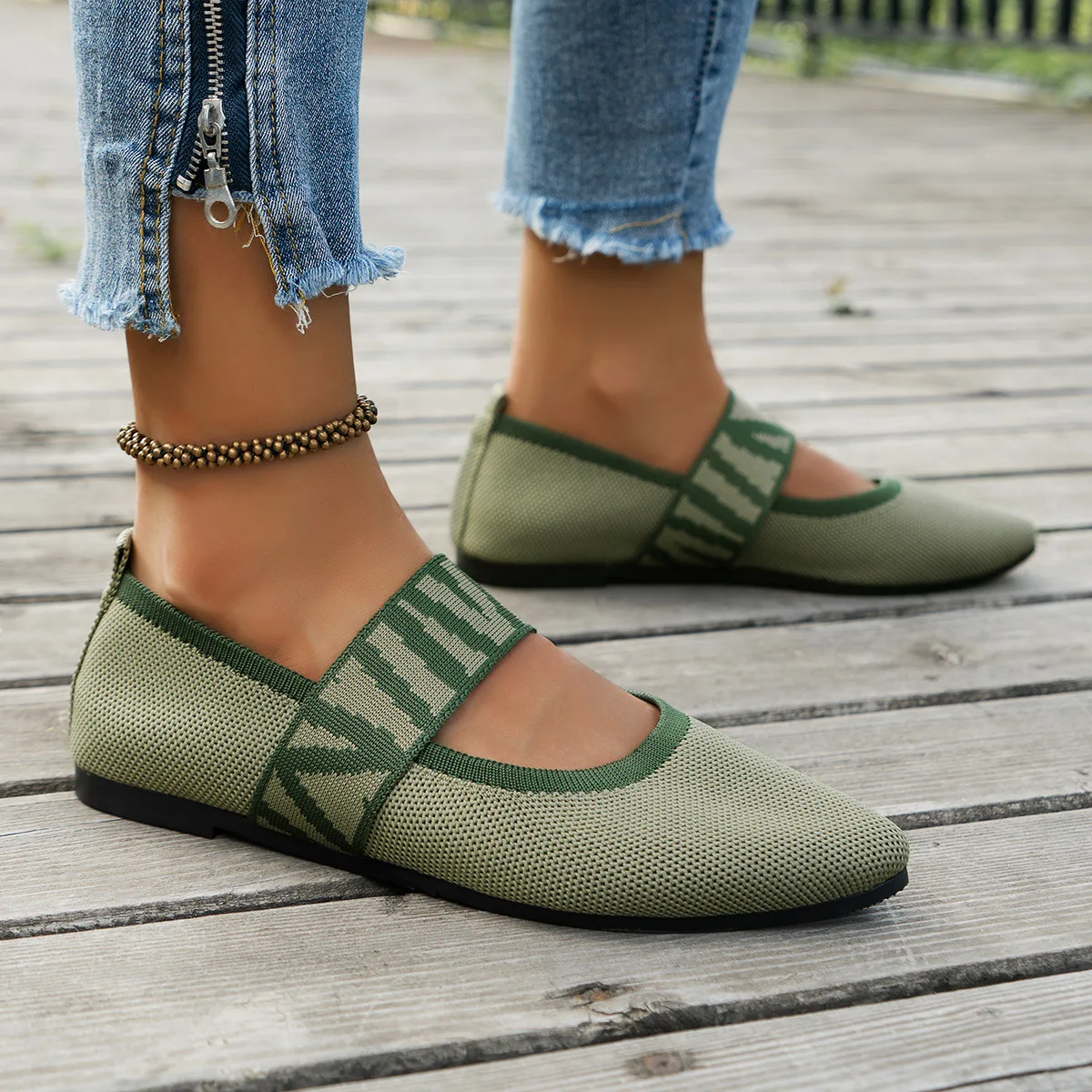 Knitted Color-block Women's Flat Shoes Dressy Ballet Flats Casual striped straps Pointed Toe Loafers Female Daily Shoes Big Size image 6