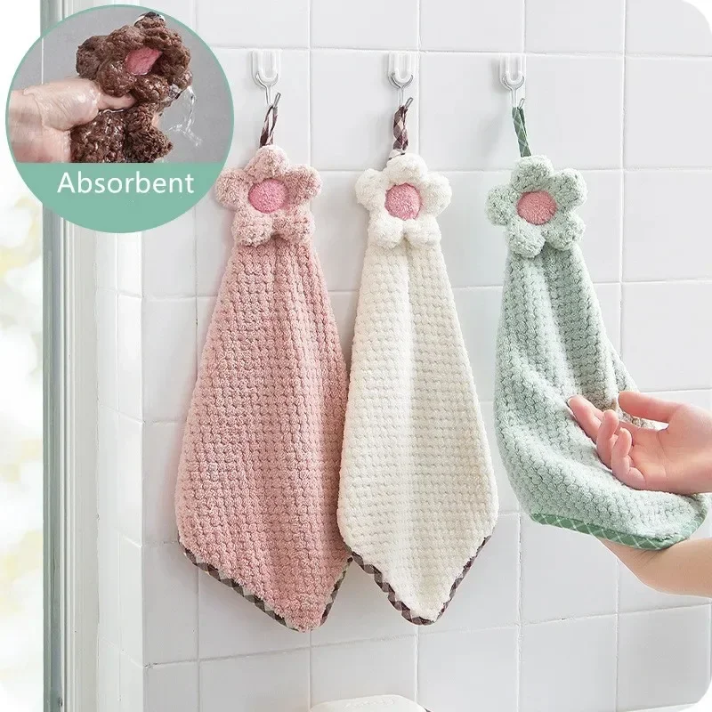 Hangable Coral Fleece Absorbent Flower Soft Hand Towels Kitchen Bathroom Cleaning Towels Non-linting Sun Flower Towels