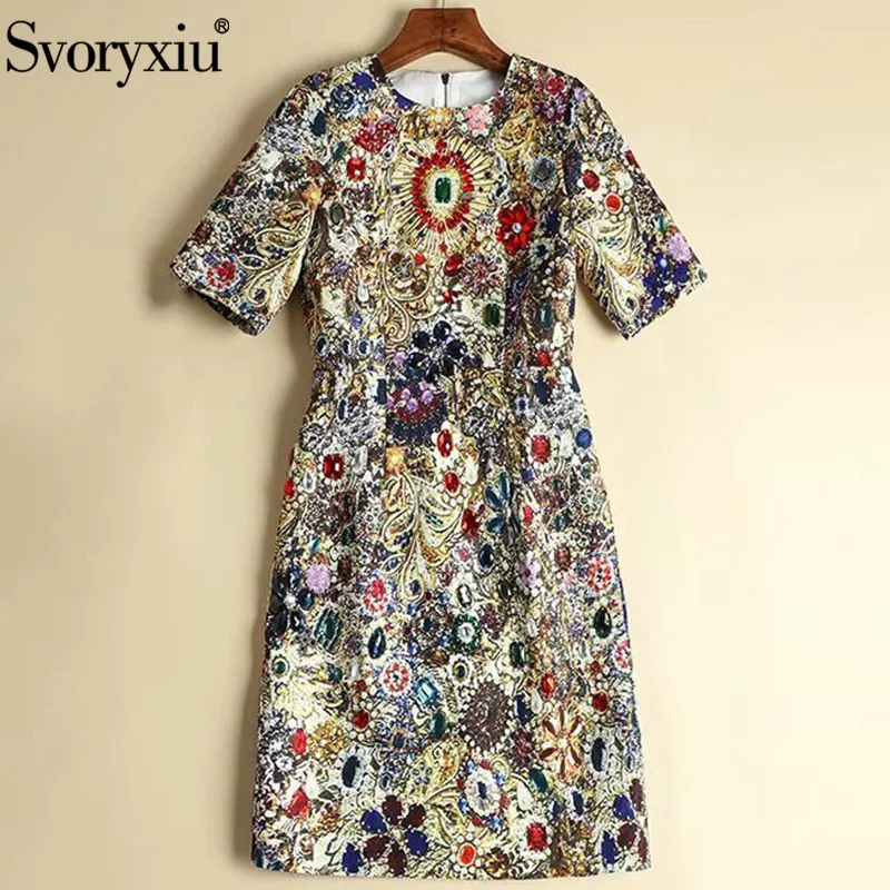 Svoryxiu Runway luxury Crystal Diamond Vintage Dress moda donna manica corta stampata Summer Party Mini Dress Vestdios