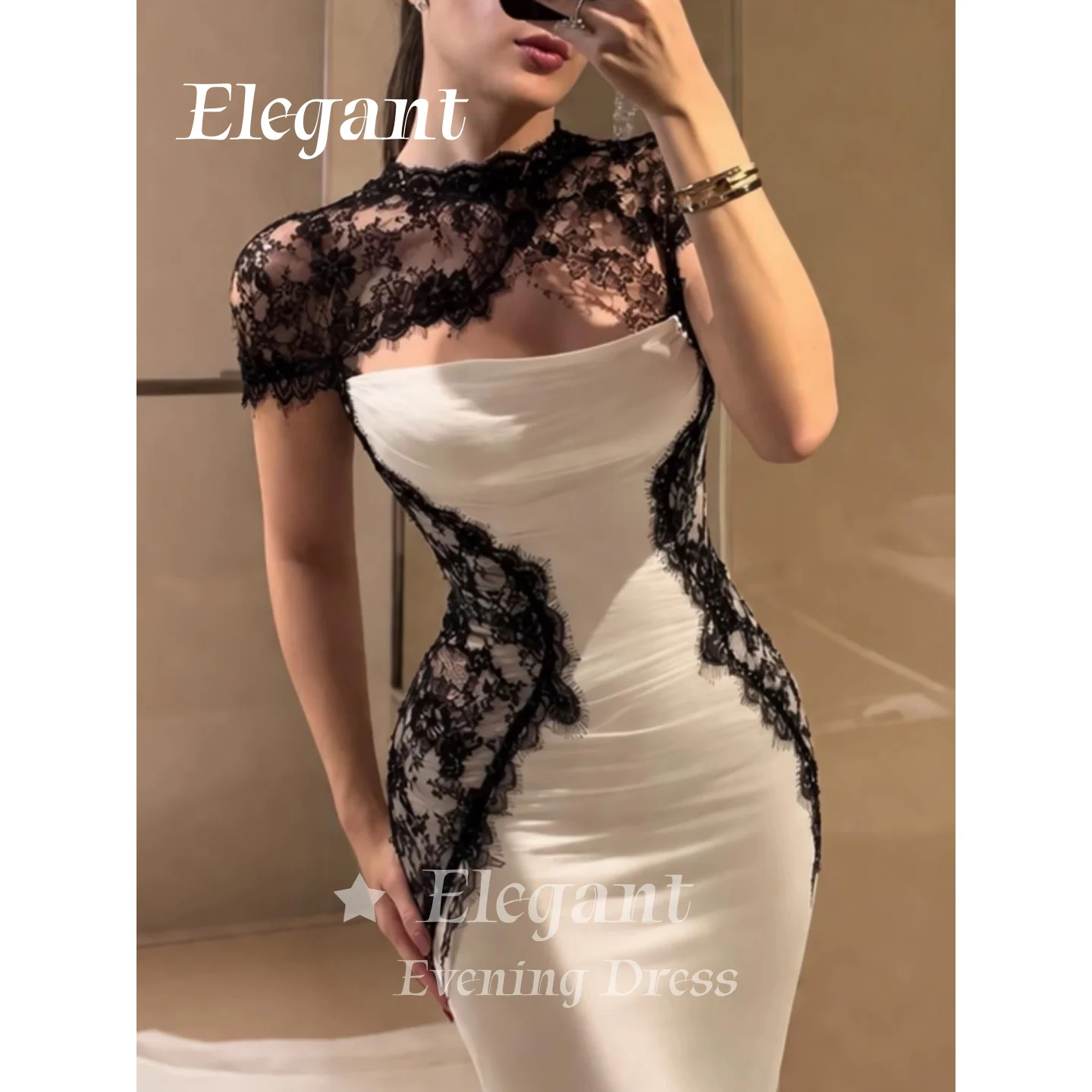 Luxury White Black Lace Evening Dress Saudi Women Prom Dress High Neck Strapless Mermaid Formal Wedding Party Dresses Customized