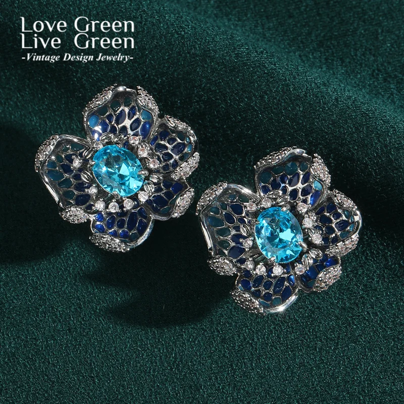 

Vintage Sea Blue Flower Earrings For Woman Stud Silver Color Luxury Jewelry Quality Designer Gifts Wedding New Trends In 2025