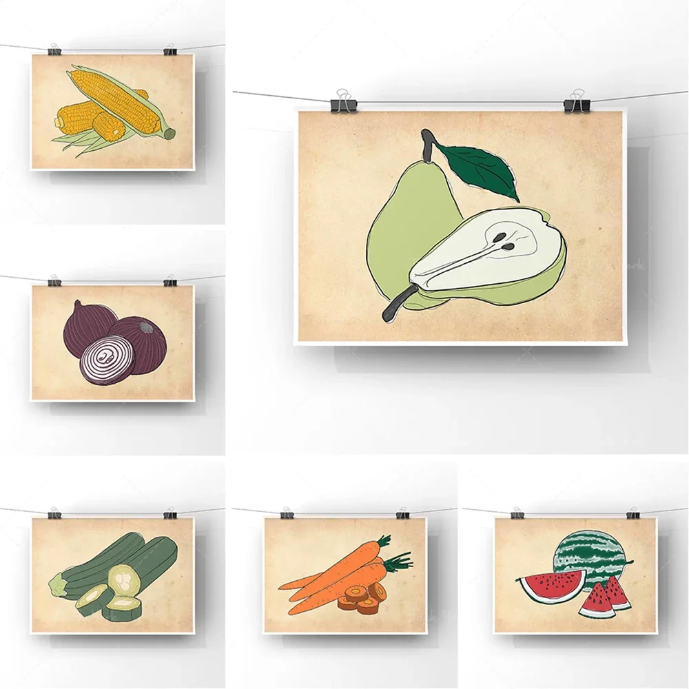 Impresión de frutas y verduras | Impresión artística de pared de estilo retro | Cartel sin marco con ilustración de frutas y verduras | Pared de arte de cocina