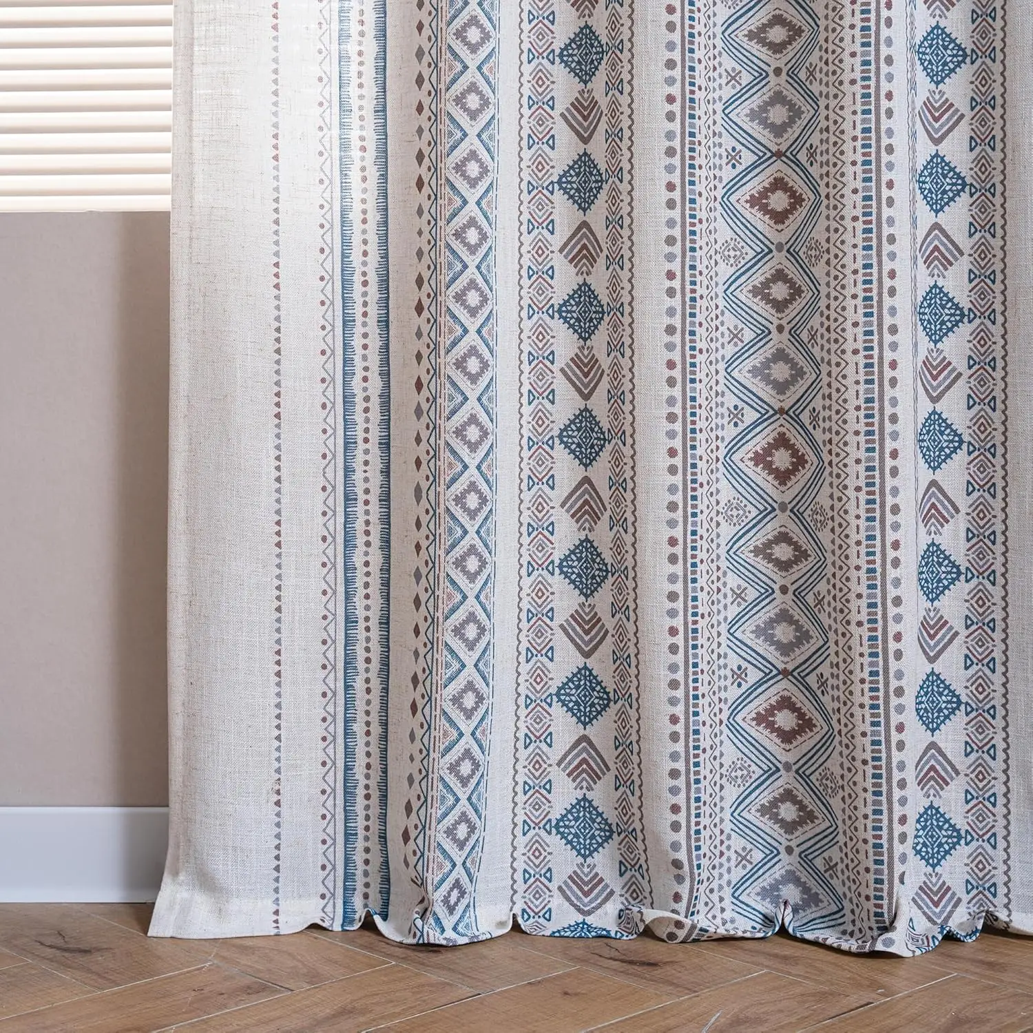 Mysky Home tirai jendela 95 inci Semi tipis, filter cahaya ruang tamu bergaris geometris Boho tampilan Linen untuk ruang tamu