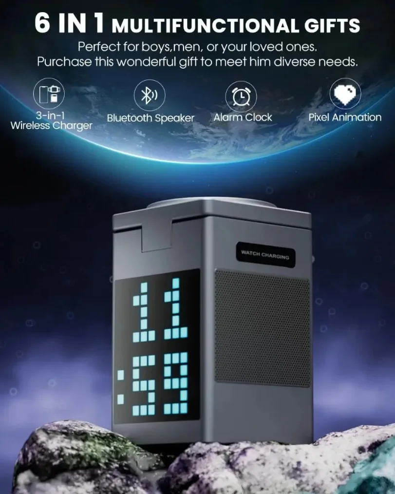 شاحن لاسلكي مغناطيسي قابل للطي 6 في 1 سمّاعات بلوتوث وساعة منبه وكبس كرتوني لهاتف iPhone 16 ~ 12 iWatch Airpods 3 Pro